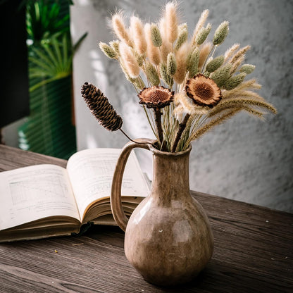 Brown Ceramic Vase with Big Handles, Modern Farmhouse Decor, Rustic Pottery for Flowers, Decorative Terracotta Centerpiece for Dining Table