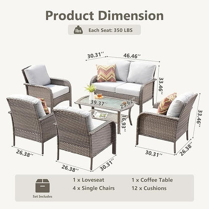 6-Piece Wicker Patio Furniture Set, All-Weather Rattan Conversation Bistro Loveseat Chair and Table Set for Backyard, Balcony and Deck with Soft Cushions and Metal Table(Grey)
