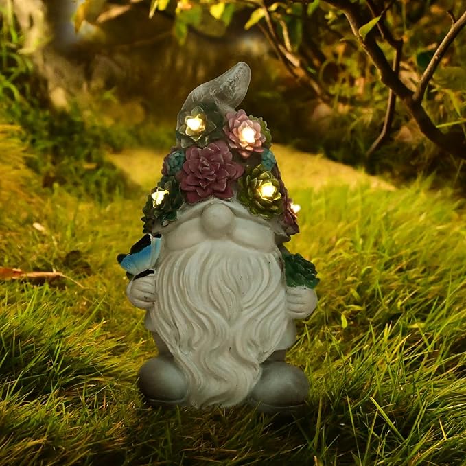 Solar Gnome Light up Figurine: Concrete Statue with Succulent & Butterfly Garden Decor Outdoor Decorations Yard Ornament - Mother’s Day Father’s Day Birthday Gift for Mom Dad Women