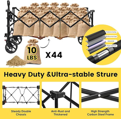 Sekey 48''L Collapsible Foldable Extended Wagon with 440lbs Weight Capacity, Heavy Duty 300L Folding Utility Garden Cart with Big All-Terrain Beach Wheels & Drink Holders. Khaki