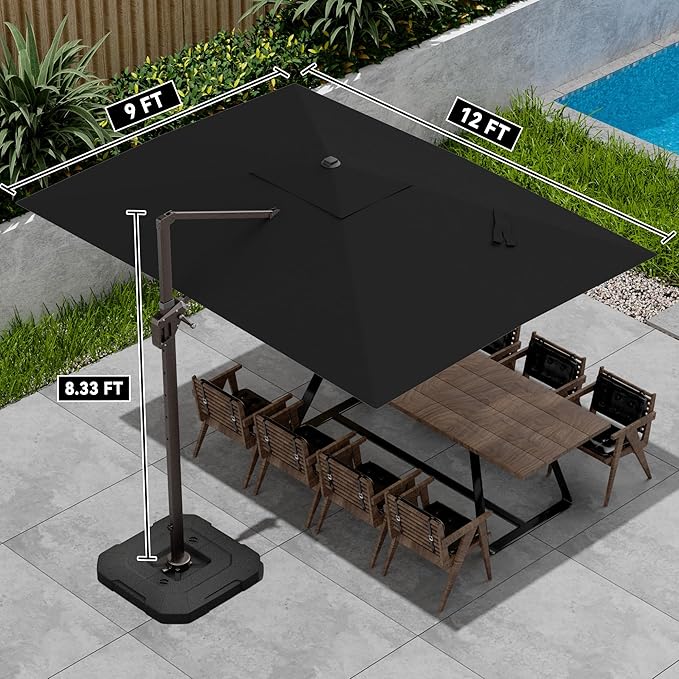 9' X 12' Cantilever Patio Umbrella with Base Included 360°Rotation Rectangular Outdoor Large Offset Umbrellas Heavy Duty Windproof for Garden Deck Pool, Black