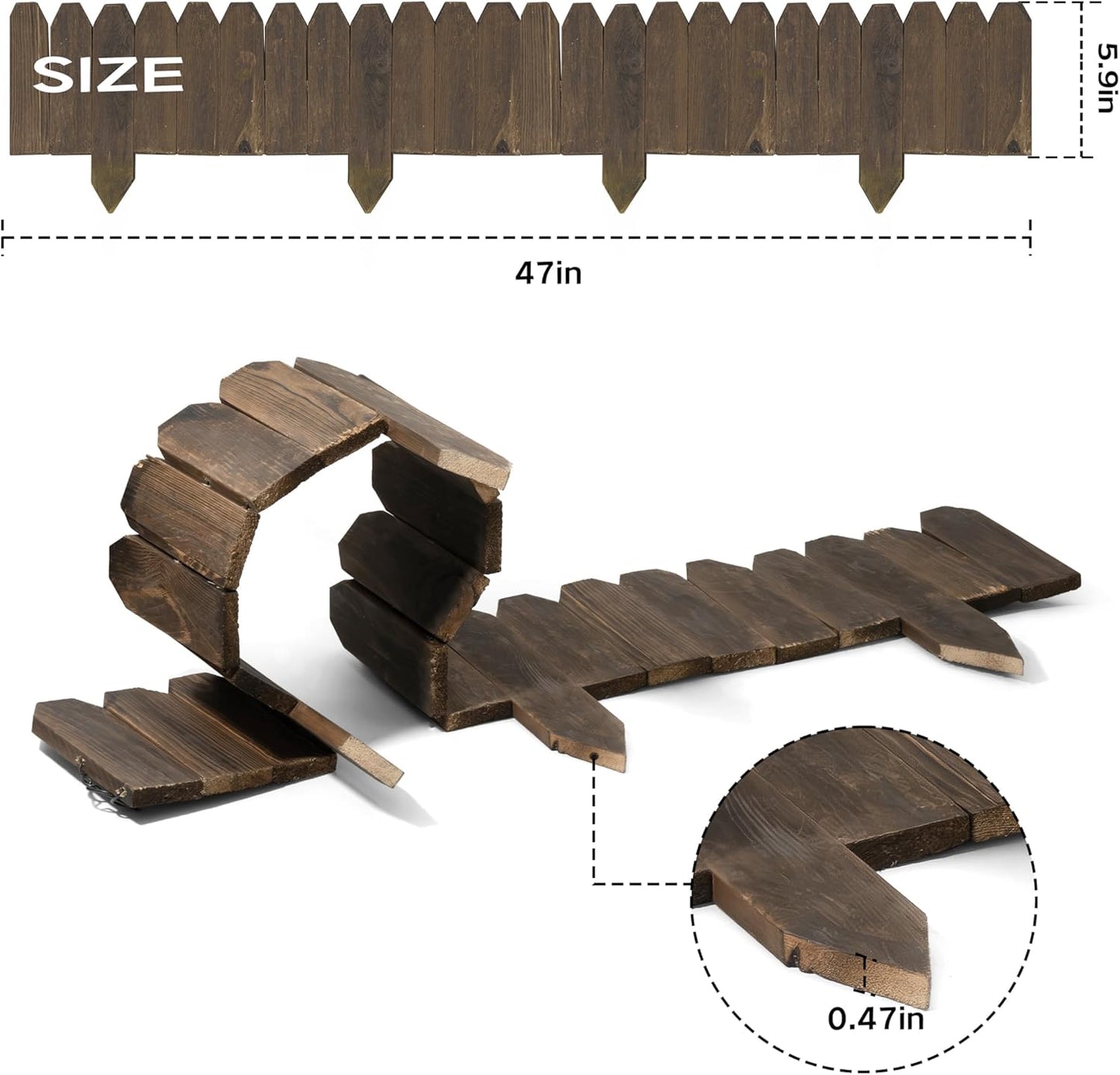 Wood Garden Edging, Wooden Fence Border Decorative Small Picket Panels for Flower Bed Barriers and Landscape Fencing (5.9" H x 47" L, 1 Pack)