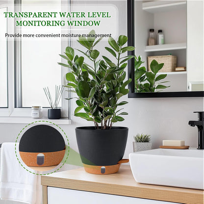 2 Pack 8 Inch Pots for Plants Indoor, Plastic Self Watering Planters with Drainage Holes, Water Level Indicator & Deep Reservoir, Decorative Flower Pots Indoor Outdoor Use (Black
