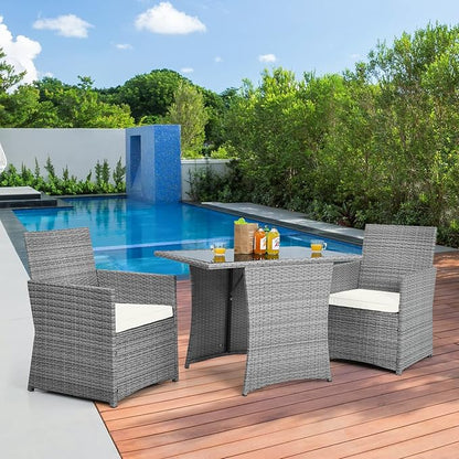 HAPPYGRILL 3 Pieces Outdoor Wicker Bistro Set Space-Saving PE Rattan Dining Table Set with Cushioned Chairs, Patio Conversation Set for Backyard Porch Garden and Poolside