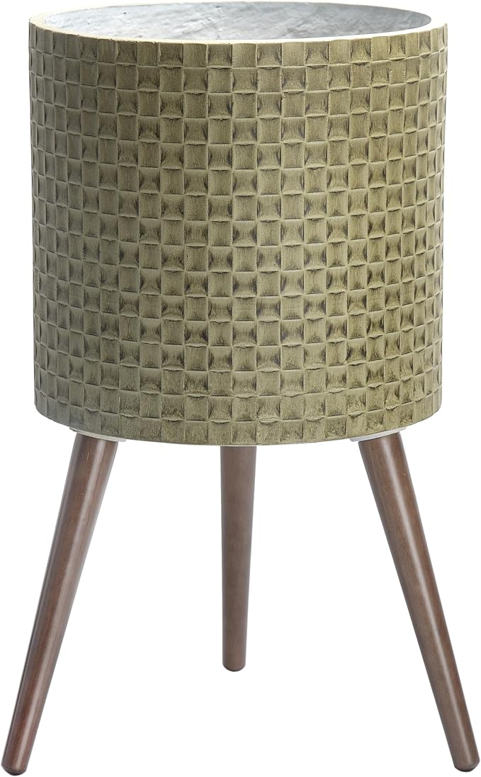 D'vine Dev 14 Inch Modern Geometric Tile Patterned Sleek Planter Pot with Stand, Indoor Outdoor Decorative Plant Holder, Distressed Olive, 88-Z-D-4