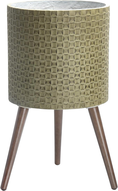 D'vine Dev 14 Inch Modern Geometric Tile Patterned Sleek Planter Pot with Stand, Indoor Outdoor Decorative Plant Holder, Distressed Olive, 88-Z-D-4