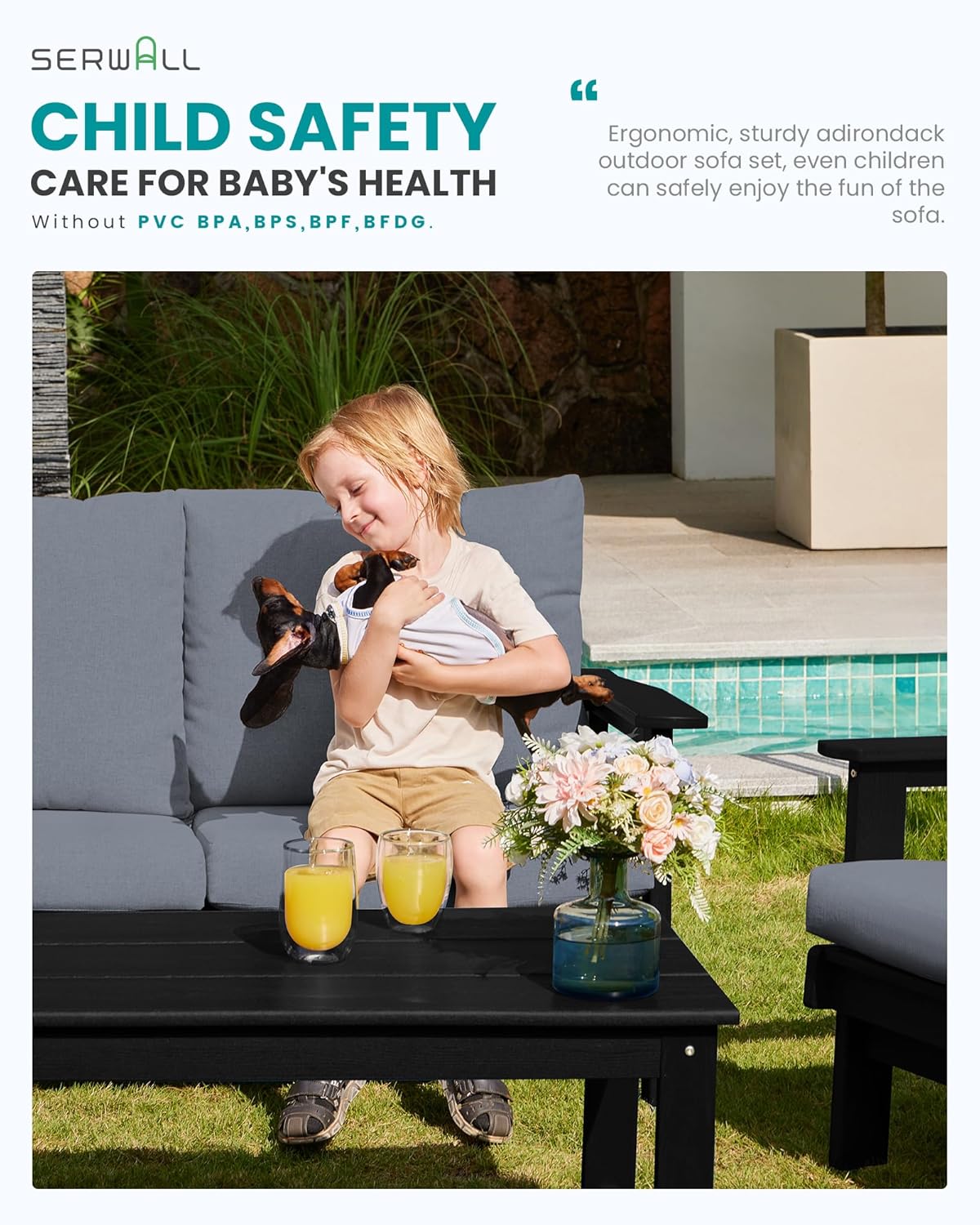 SERWALL 4 Piece HDPE Outdoor Furniture Set, All Weather Wood-Like Outdoor Sofa Sectional Couch, Black Patio Furniture Set with Grey Cushions