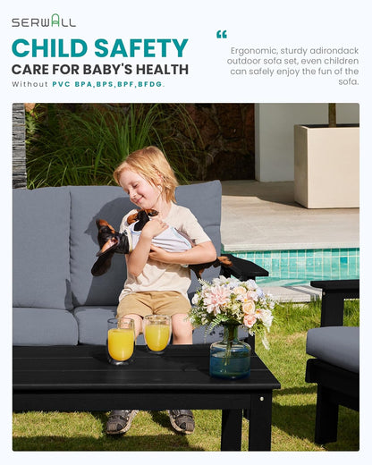 SERWALL HDPE Patio Furniture Set, 5 Piece All Weather Wood-Like Sectional Outdoor Furniture Set, Black Patio Sofa Couch with Grey Cushions for Deck, Lawn