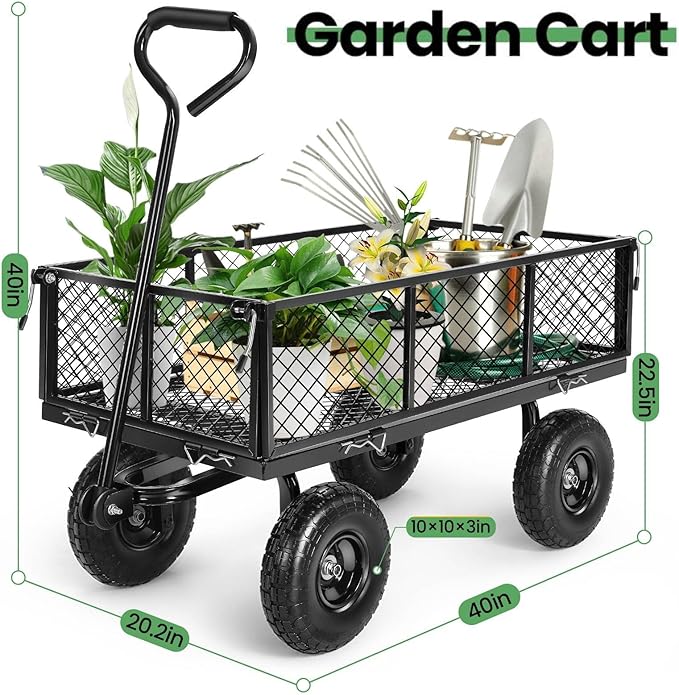 Homdox 880LB Heavy Duty Garden Cart on Wheels, Professional Utility Wagon with 180° Rotating Handle, Foldable Mesh Sides for Landscaping, Yard Work, Farming, Camping & Outdoor Projects
