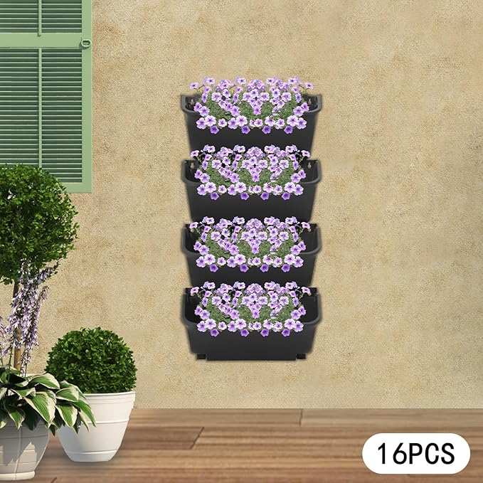 16 Pack Wall-Mounted Vertical Wall Planter Stackable Wall Planter Indoor Outdoor, Garden Self Watering Wall-Mounted Plastic Planter Plant Flower Pot Holder for Vegetable Fruit Herb