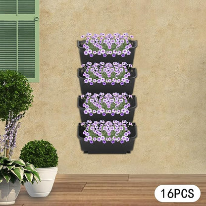 16 Pack Wall-Mounted Vertical Wall Planter Stackable Wall Planter Indoor Outdoor, Garden Self Watering Wall-Mounted Plastic Planter Plant Flower Pot Holder for Vegetable Fruit Herb