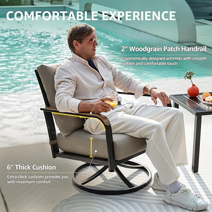 NATURAL EXPRESSIONS Outdoor Bistro Set, 3 Piece Swivel Glider Rocking Chairs Patio Conversation Furniture Set with 2 Rockers, 1 Metal Table and 6" Thick Cushions for Backyard, Porch, Balcony, 350lbs.