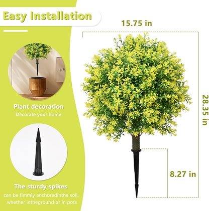 28" Artificial Boxwood Topiary Tree Yellow– UV Resistant Outdoor Faux Topiary Plant, Realistic Fake Topiary Bush for Porch, Patio, Front Door, Fake Evergreen Tree Home Decor