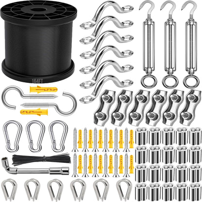 165FT String Light Hanging Kit,304 Stainless Steel Cable Kit - Heavy Duty 480LB Capacity, Adjustable Turnbuckles & Complete Accessories for Clothesline, Garden Rigging