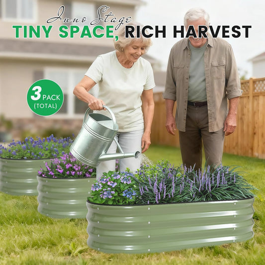 INNO STAGE 3Pcs Galvanized Raised Garden Bed Kit, Outdoor Metal Raised Garden Beds for Vegetables, Rust-Resistant & Easy Assembly, 4x2x1ft Oval Raised beds for Gardening, Flowers, Herbs (Olivergreen)