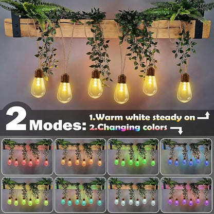 Colors Changing Solar String Lights Outdoor, 20Ft Vintage Rope Hemp Color Change Patio Lights, 16 Waterproof Shatterproof Bulbs Solar Light for Garden Yard Proch Wedding Party - Warm White & RGB