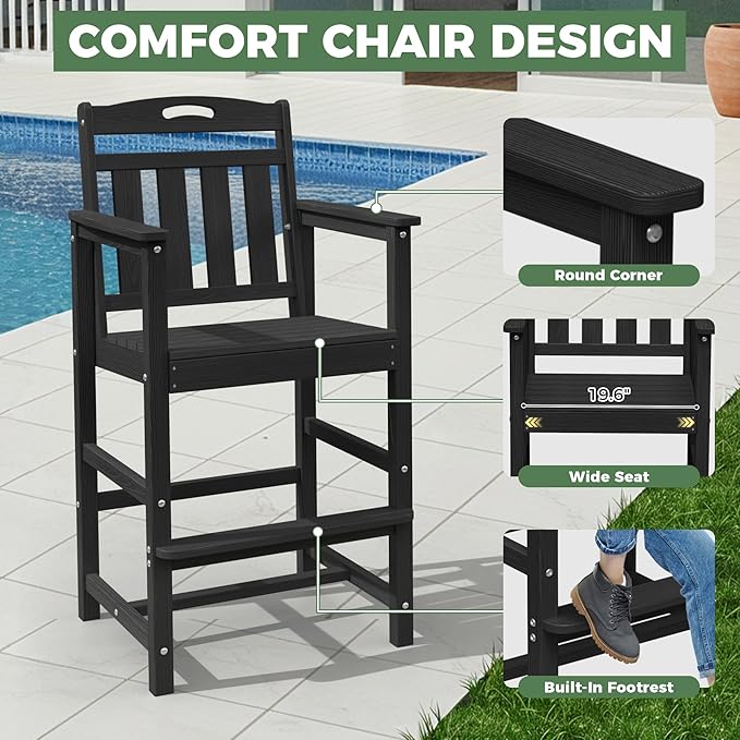 HDPE Outdoor Patio Tall Adirondack Bar Chair, All-Weather Bar Height Balcony Adirondack Stools for Bistro, Garden, Backyard, Deck | Matte Black