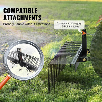 VEVOR Tow Behind Landscape Rake, 60" Tow Dethatcher with 21 Steel Coil Tines, Lawn Dethatcher Rake Attaches to 48" or 60" Toolbars and 3-Point Suspension Systems, for Leaves, Pine Needles, and Grass