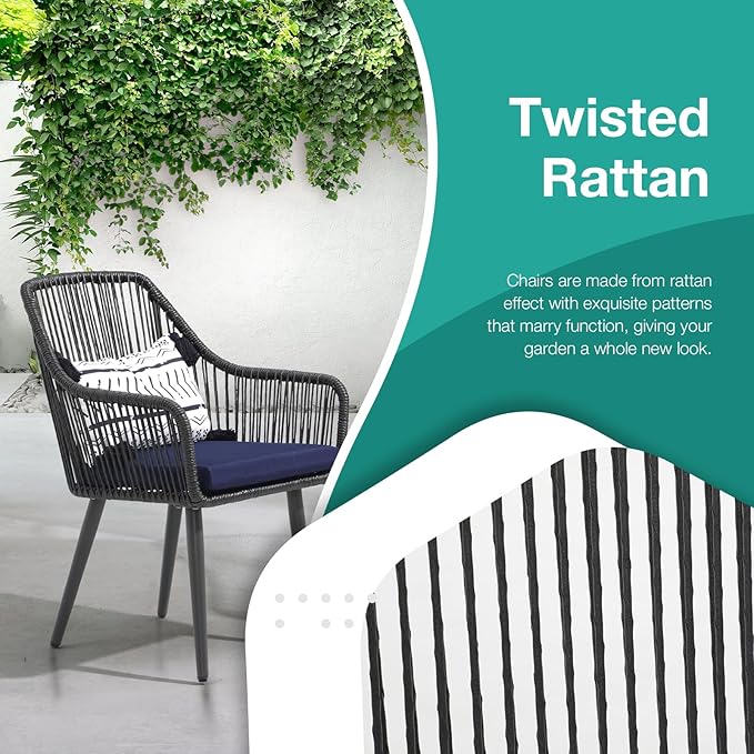 Patiorama 5-Piece Patio Dining Set, Outdoor Dining Table Chair Set, All-Weather Twisted Rattan Wicker Rope Conversation Set, Patio Furniture Set w/Umbrella Hole, 4 Cushioned Chairs&Glass Table(Blue)