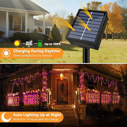 Solar String Lights Outdoor Waterproof 2 Pack Total 66ft 200LED 8 Modes Twinkle Lights Solar Fairy Lights for Patio, Garden Yard Party Tree Christmas Halloween Decoration, Orange + Purple