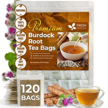 FreshDrinkUS, Premium 120 Burdock Root Tea Bags, 100% Natural & Pure, Herbal Tea. Made with Natural Material Tea Bags. No Sugar, No Caffeine, No Gluten, Vegan.