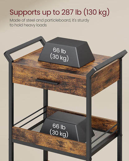 VASAGLE Storage Cart, 4-Tier Rolling Utility Cart with Table Top, Handles, 4 Lockable Casters, Top Drawer, Mesh Shelves, for Kitchen, Bathroom, Bedroom, Rustic Brown and Ink Black ULRC049K01