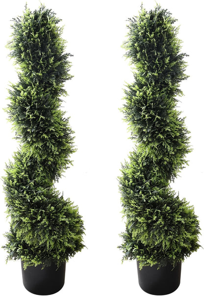 39 inchBoxwood Artificial Cedar Spiral Topiary Trees – Decorative Fake Greenery in Planter Pots for Front Porch, Outdoor Walkway, Entryway Decorating, Set of 2