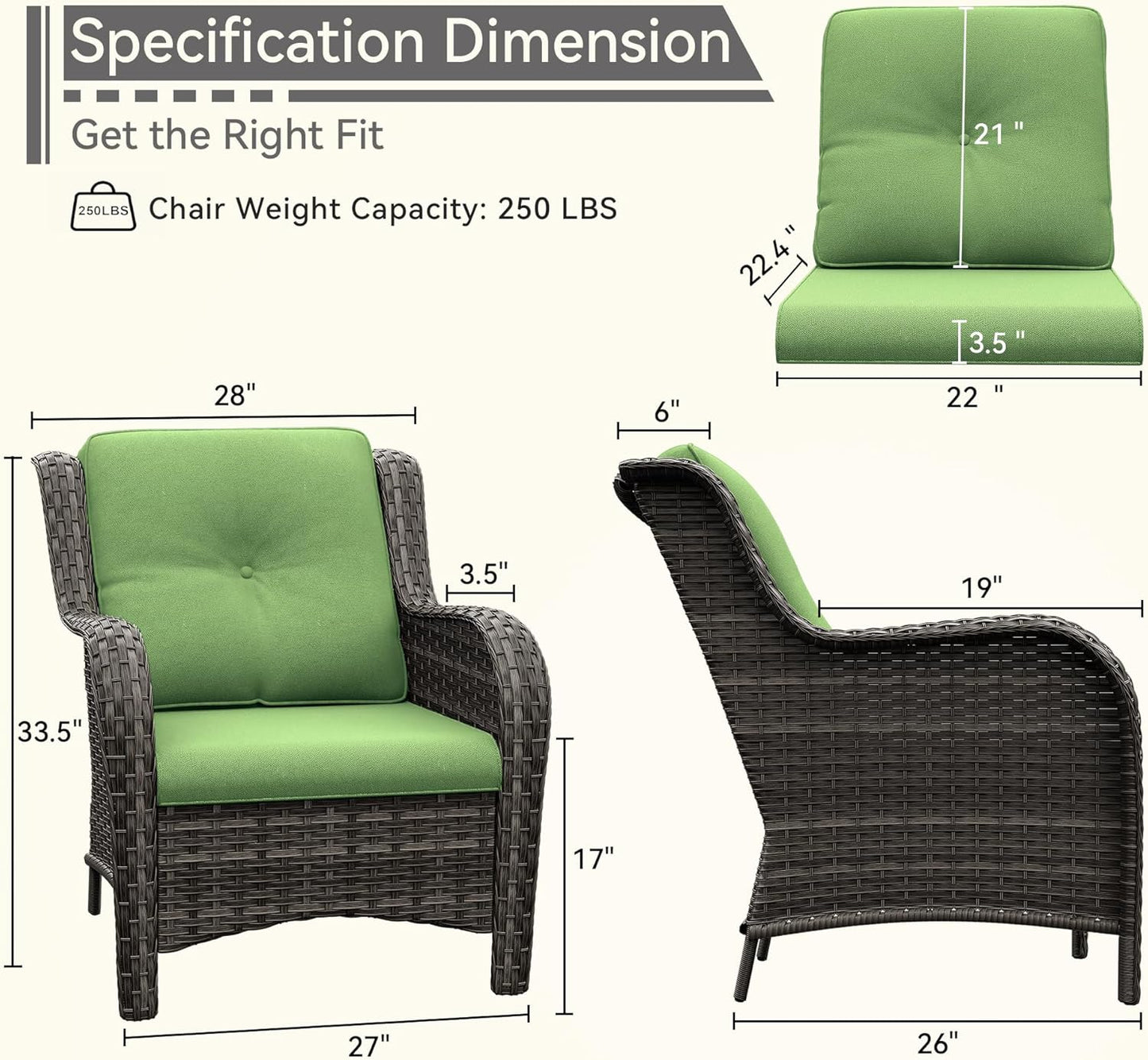Patio Wicker Chairs Set of 2, Patio Rattan Dining Chairs with 3.5-inch Seat Cushions, High Back and Curved Armrest for Garden, Backyard, Balcony and Deck, Green