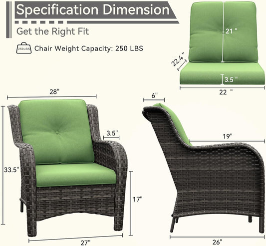 Patio Wicker Chairs Set of 2, Patio Rattan Dining Chairs with 3.5-inch Seat Cushions, High Back and Curved Armrest for Garden, Backyard, Balcony and Deck, Green
