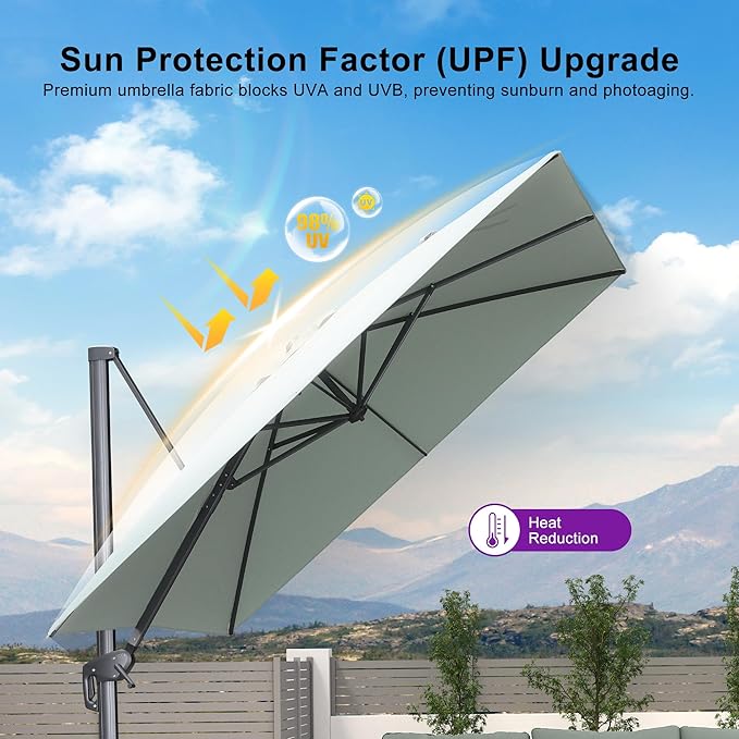 PURPLE LEAF 10' X 13' Rectangle Cantilever Umbrella with Base Outdoor Large Aluminum Patio Umbrella with 3-Year Fade Resistance Recycled Fabric and 360-degree Rotation for Deck Pool Garden, Mint Green