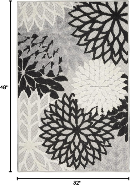 Nourison Aloha Indoor/Outdoor Black White 2'8" x 4' Area Rug, Tropical, Botanical, Easy Cleaning, Non Shedding, Bed Room, Living Room, Dining Room, Deck, Backyard, Patio (3x4)