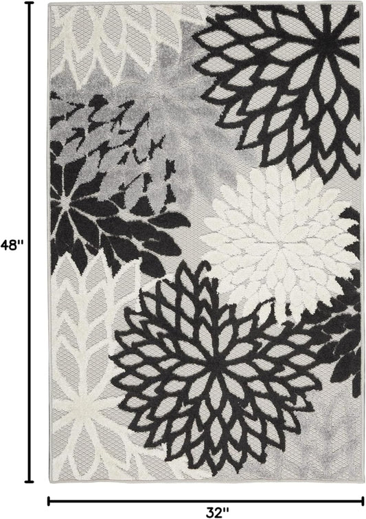 Nourison Aloha Indoor/Outdoor Black White 2'8" x 4' Area Rug, Tropical, Botanical, Easy Cleaning, Non Shedding, Bed Room, Living Room, Dining Room, Deck, Backyard, Patio (3x4)