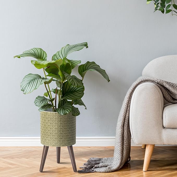 D'vine Dev 10 Inch Modern Geometric Tile Patterned Sleek Planter Pot with Stand, Indoor Outdoor Decorative Plant Holder, Distressed Olive, 88-Z-B-4