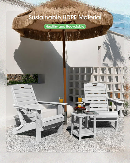 Folding Adirondack Chair HDPE All-Weather Adirondack Chairs with Cup Holder, Outdoor Fire Pit Chairs Lawn Chair for Deck Patio Garden (White)