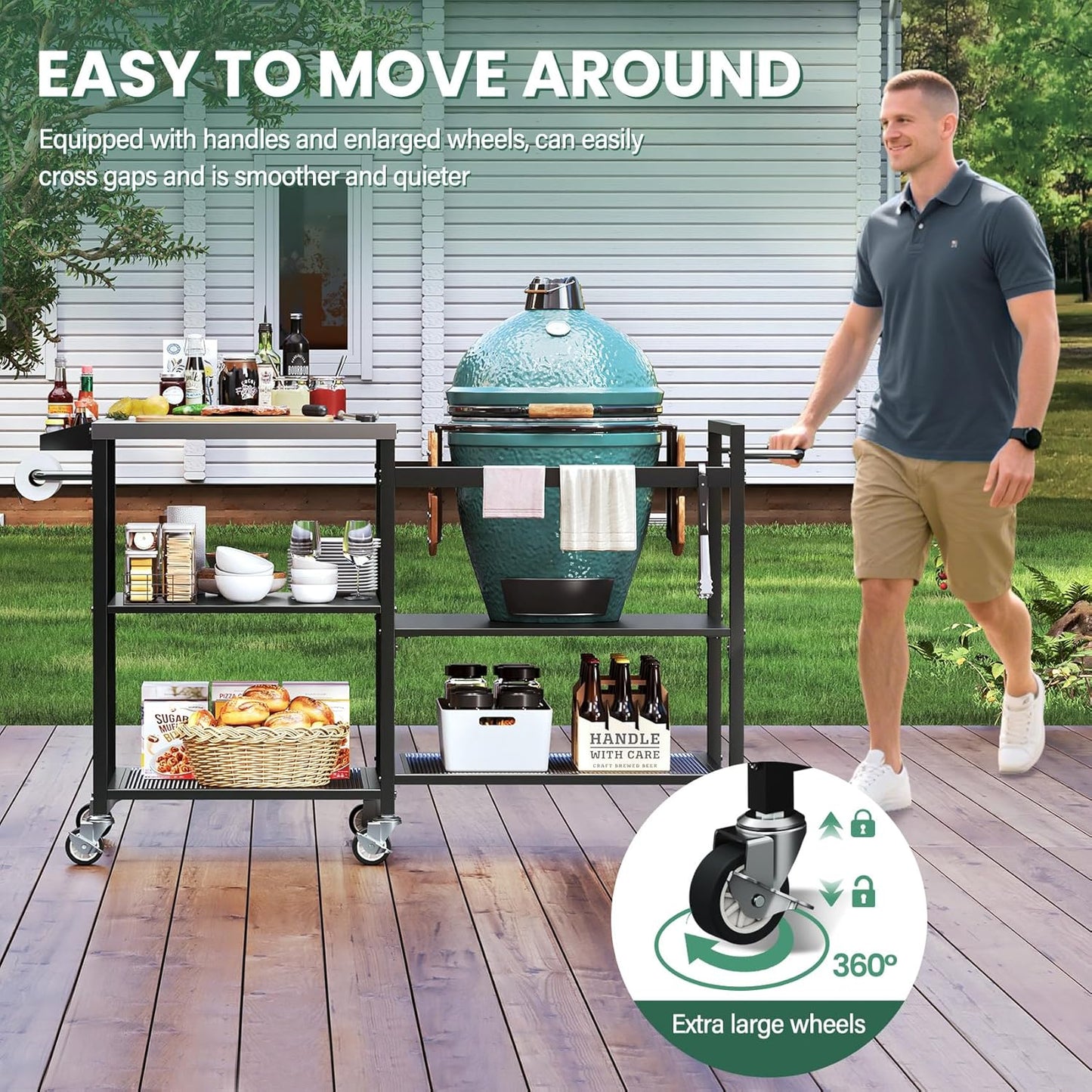 TC-HOMENY Grill Table for Big Green Egg Stand, Metal Cooking Table Stand with Wheels, Heavy Duty Outdoor Movable Style BBQ Grill Cart, Grill Holder Compatible with Large Big Green Egg and Other Models