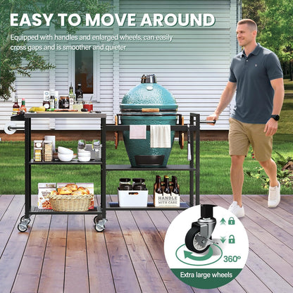 TC-HOMENY Grill Table for Big Green Egg Stand, Metal Cooking Table Stand with Wheels, Heavy Duty Outdoor Movable Style BBQ Grill Cart, Grill Holder Compatible with Large Big Green Egg and Other Models