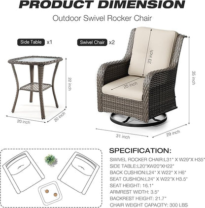 Joyside Outdoor Swivel Rocker Patio Chairs Set of 2 and Matching Side Table - 3 Piece Wicker Patio Bistro Set with Premium Fabric Cushions(Mixed Grey/Beige)