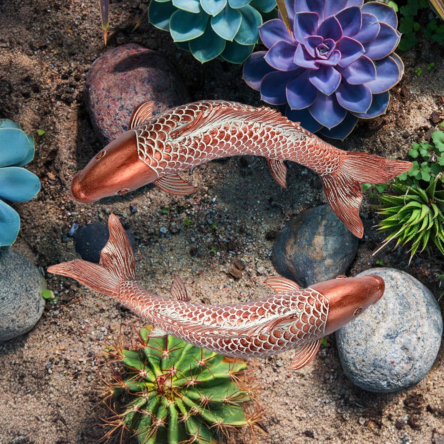 Garden Statues Koi Fish Decor, Garden Fish Pond Statues, Set of 2 Antique Copper Koi Art Sculptures for Outdoors Patio Backyard Lawn Yard Decoration, Japanese Garden Decor, Best Gifts