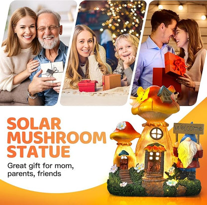 Json Solar Garden Statue Lights Mushroom Fairy House Figurine, Outdoor Memorial Garden Ornaments Waterproof Decoration for Outside Patio Yard Lawn Decor