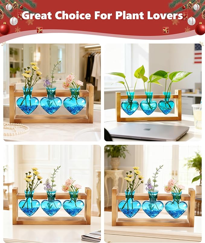 Nacome Plant Terrarium Propagation Stations: Birthday Gifts for Plant Lovers Women Mom Wife - Wooden Stand Tabletop Planter 3 Bulb Glass Vase Heart Shaped for Hydroponics Indoor Home