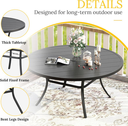 VICLLAX Patio Dining Set for 8, Outdoor Furniture Set Includes 53" Round Patio Table and 8 Patio Sling Chairs, Black Tabletop and Brown Fabric