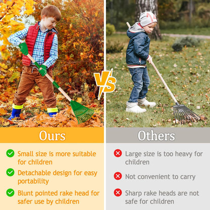 2 Pcs 35'' Kids Rakes for Leaves - Plastic Rake Head with 2 Pairs Kids Gloves, Small Kids Lawn Rakes Detachable Wooden Handle, Autumn Garden Tool Set for Kids Boys and Girls, Green, 3yr+