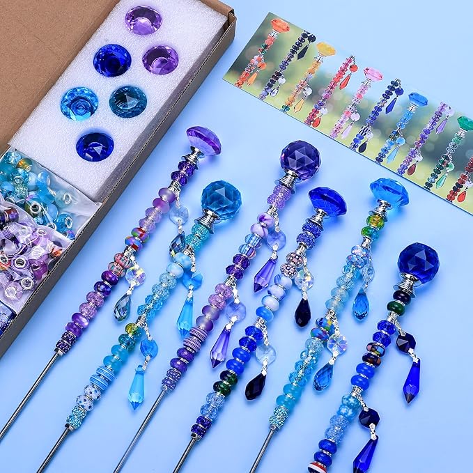 DIY Fairy Wand Garden Stakes Kit, Crystal Beaded Decorative Wands Set, Outdoor Garden Decoration with Assembly Guide (Purple+Aqua+Blue 208 Pcs)