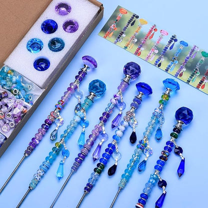 DIY Fairy Wand Garden Stakes Kit, Crystal Beaded Decorative Wands Set, Outdoor Garden Decoration with Assembly Guide (Purple+Aqua+Blue 208 Pcs)