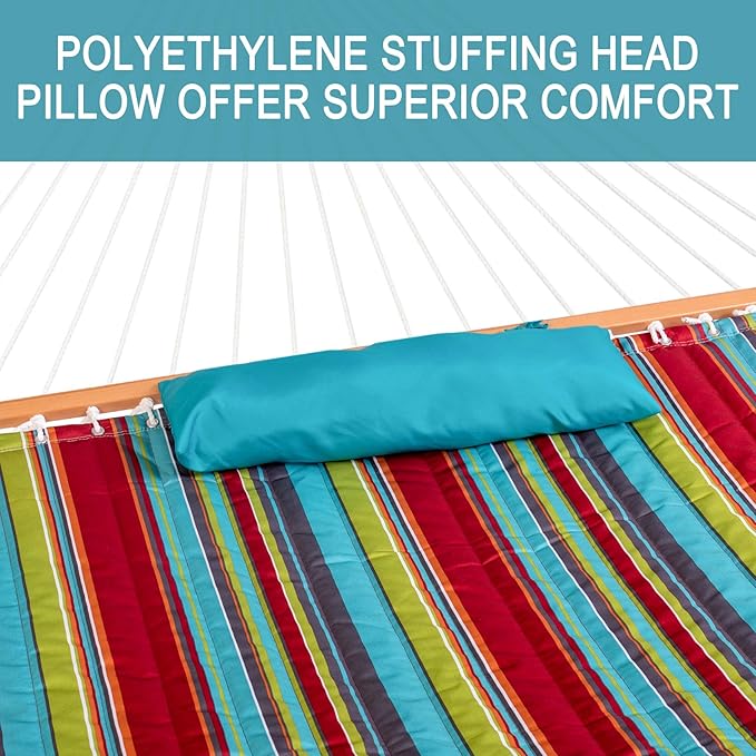Lazy Daze Hammocks 12 FT Quilted Fabric Double Hammock with Spreader Bars and Detachable Pillow, 450lbs Weight Capacity