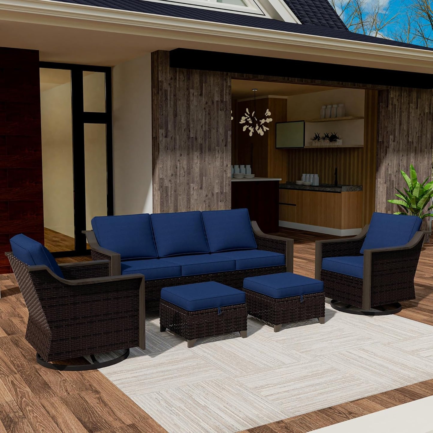 5 Piece Wicker Patio Conversation Set, All-Weather Use Outdoor 2 PE Rattan Swivel Chair, 2 Ottoman, 1 Patio Sofa, Removable Water-Resistant Cushion, Ideal for Porch, Backyard, Balcony, Poolside, Blue