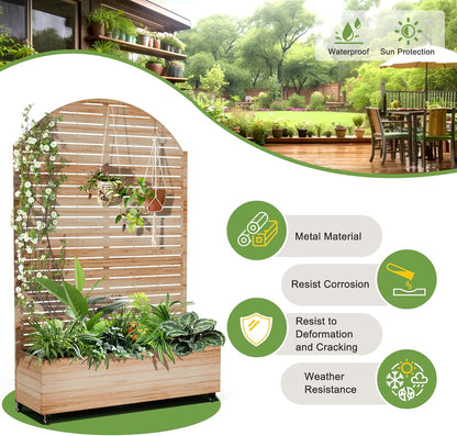 FENCY Metal Raised Garden Bed with Wheels and Trellis,Arched 73"x47"x16" Planter Box for Climbing Plants, Vegetables & Vines, Features Privacy Screen and Drainage Holes (Acacia Wood Finish)