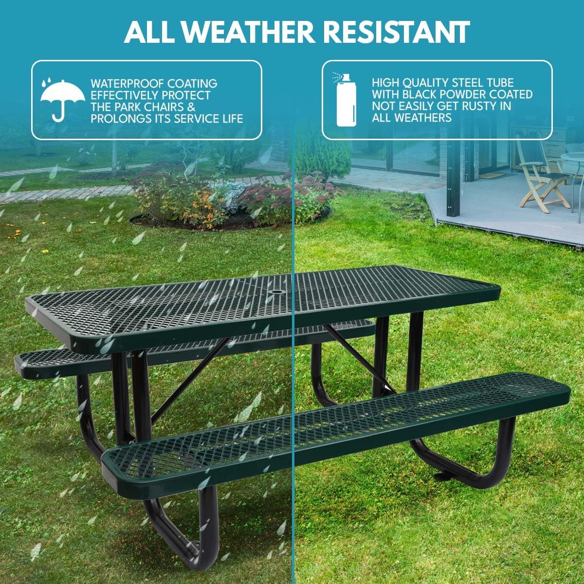 6 ft. Rectangular Outdoor Steel Picnic Table with Umbrella Pole, Heavy-Duty Weather-Resistant Dining Table for Patio, Backyard, and Garden, Rust-Resistant Finish, Green