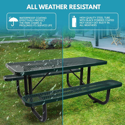 6 ft. Rectangular Outdoor Steel Picnic Table with Umbrella Pole, Heavy-Duty Weather-Resistant Dining Table for Patio, Backyard, and Garden, Rust-Resistant Finish, Green