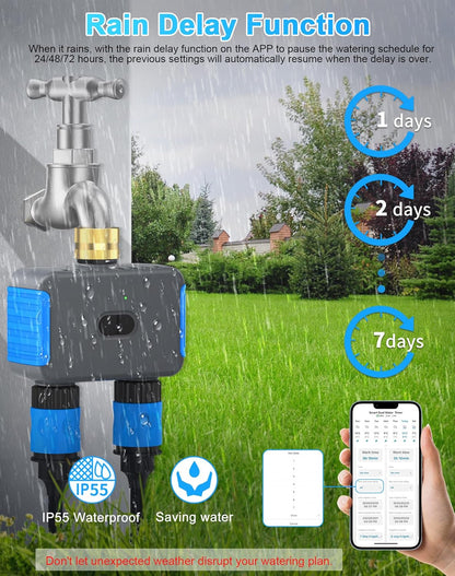 WiFi Sprinkler Timer, 2 Zone Smart Bluetooth Hose Timer, Programmable Automatic Irrigation System with Remote APP, Compatible with Alexa Google, Watering for Outdoor Garden Yard Lawn